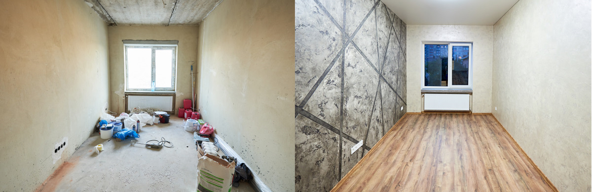 Room modernization, old messy flat vs new empty rebuilt one with wood laminate, beige and grey wallpapers and a window